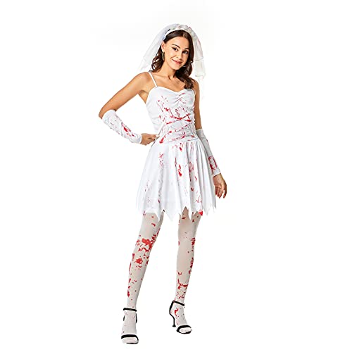 Faynore Womens Scary Bloody Zombie Nurse Costume Halloween Horror Ghost Cosplay Dress-up Bloody Nurse Uniform Party Outfits